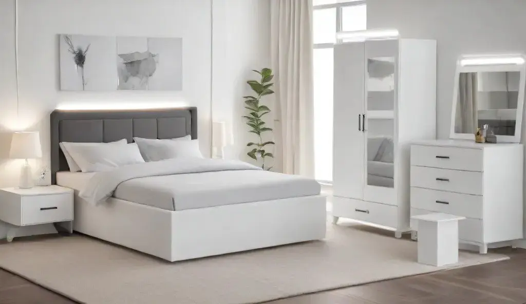 سرویس کامل اتاق خواب دو نفره سفید شامل تخت خواب، میز آرایشی و کمد
