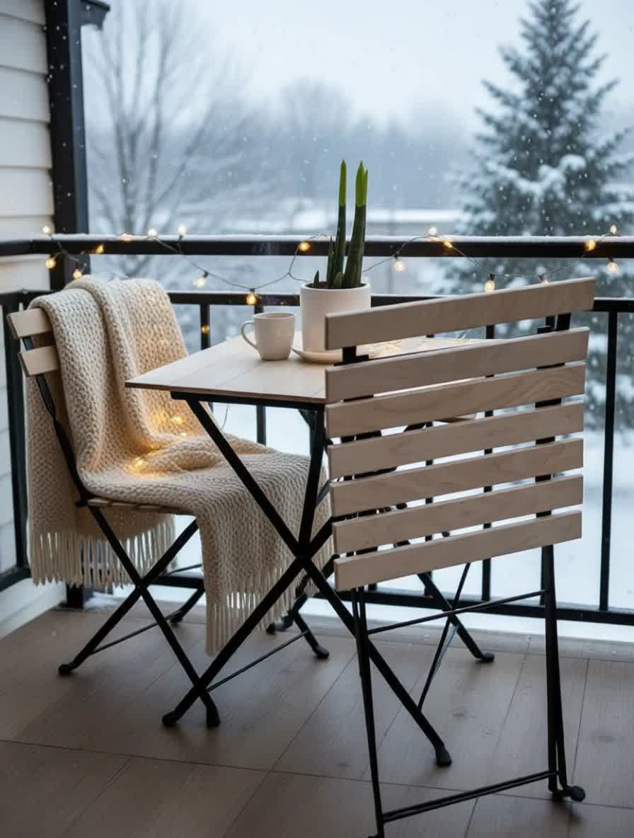 چیدمان بالکن با صندلی تاشو تارنو چوبی | دکوراسیون بالکن کوچک